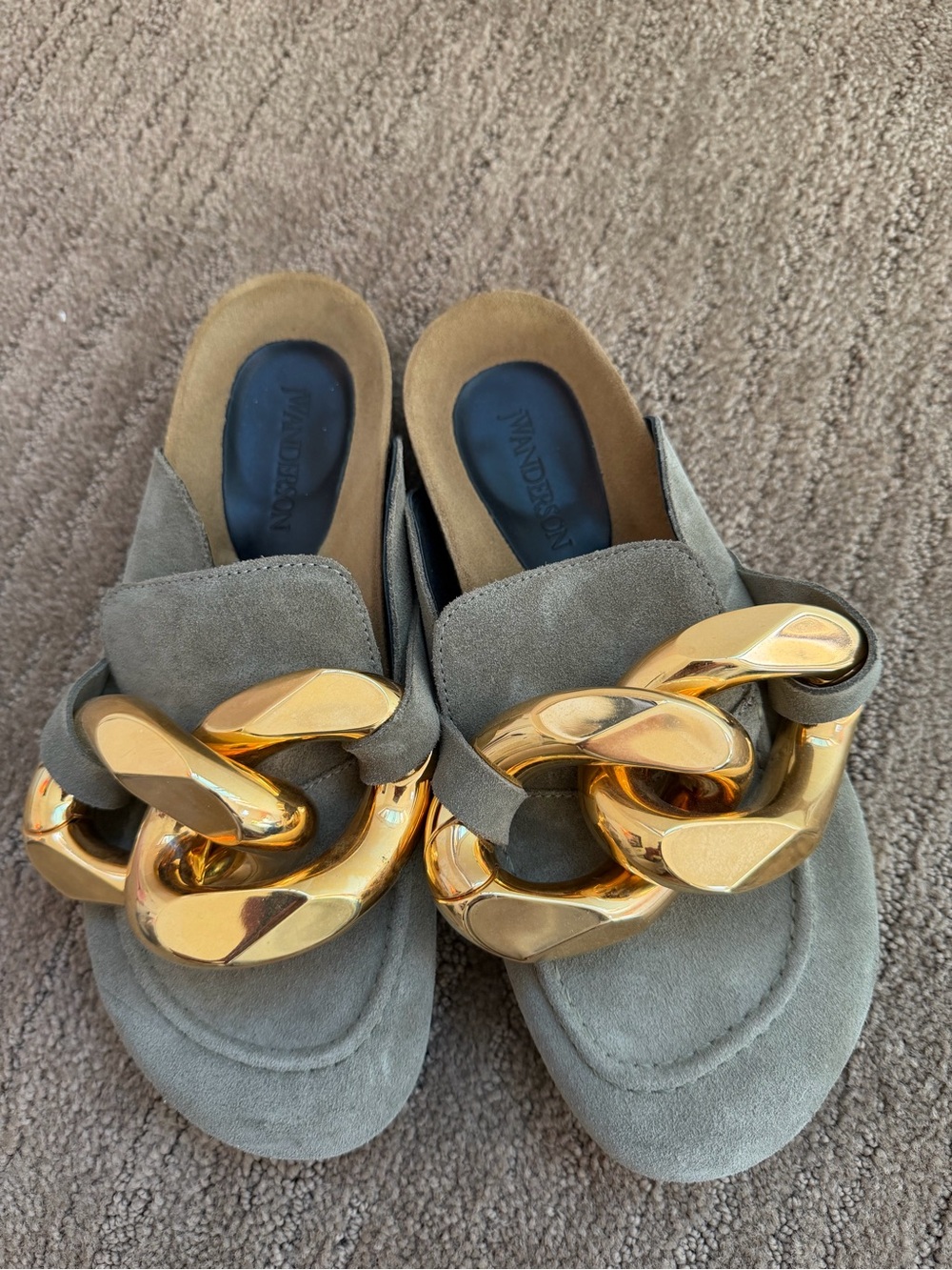 JW ANDERSON Olive Suede Mules with Chunky Gold Chain